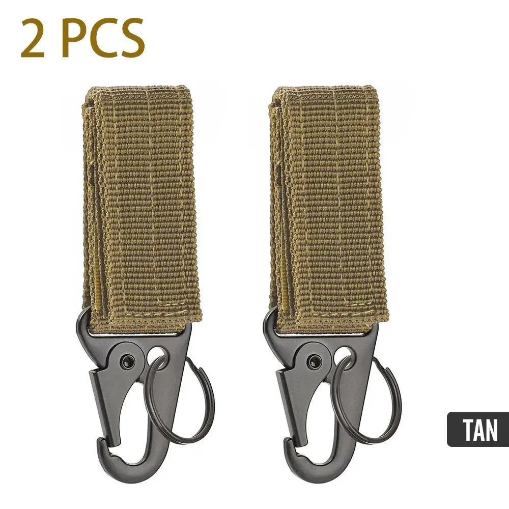2 pcs tan Simples Market carabiner nylon key hooks with MOLLE webbing for camping and hiking