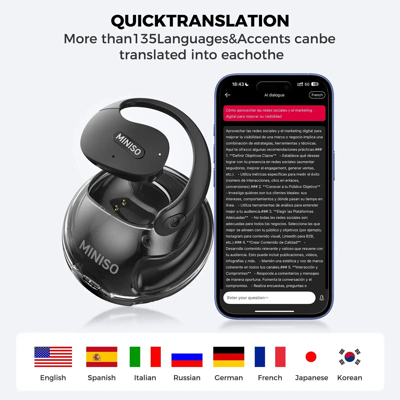 MINISO X15Pro translator headset, black wireless earphones with 5.4 Bluetooth and smartphone translation app