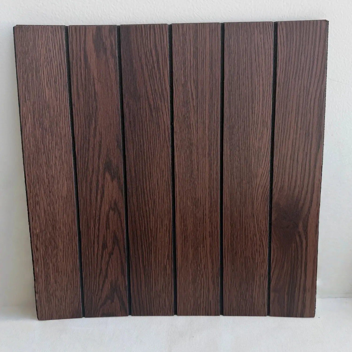 Faux wood grain grille self-adhesive wallpaper slats in dark brown; seven vertical boards