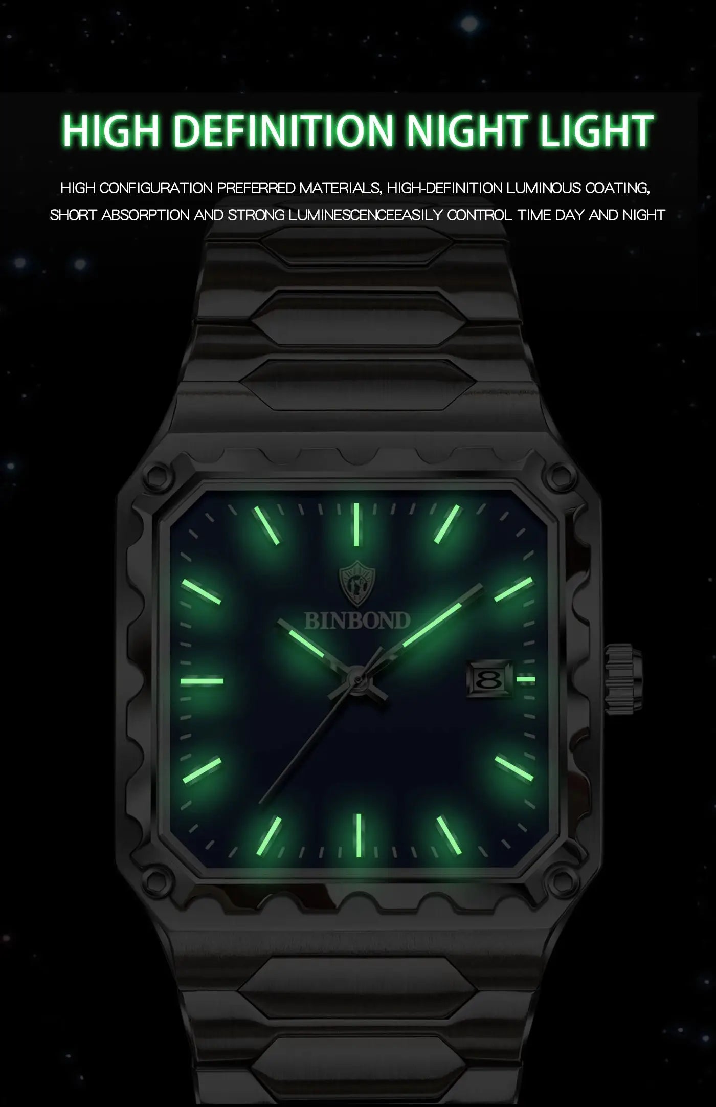 BINBOND men's luxury quartz watch with luminous green hands, rectangular dial, stainless steel bracelet, date window