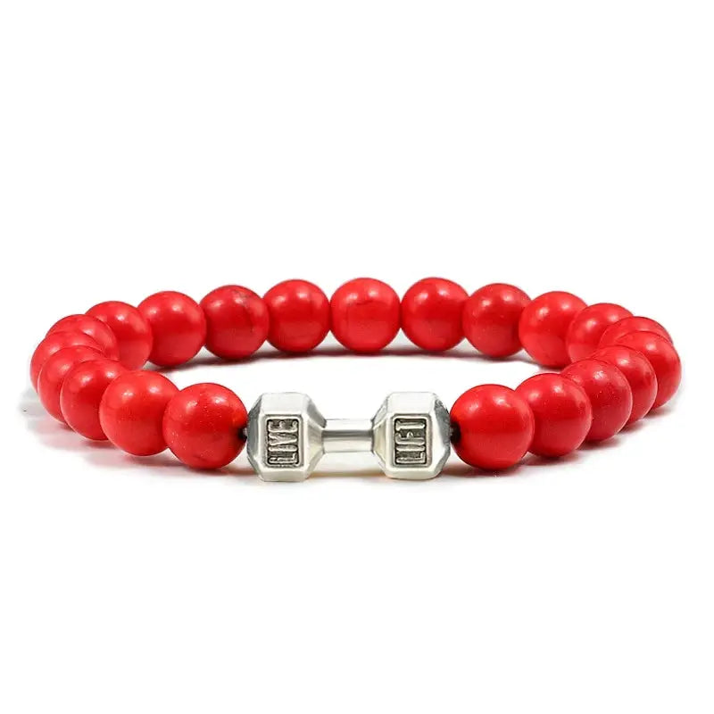 Natural Volcanic Stone Bracelet For Men And Women Matte Black Lava White Beads Dumbbell Charm Strand Fitness Jewelry