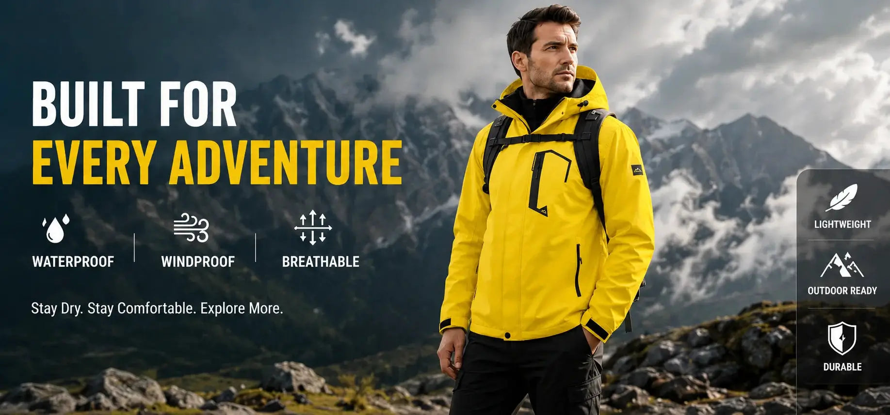 TACVASEN men's bright yellow lightweight waterproof rain jacket with mesh lining for outdoor use.