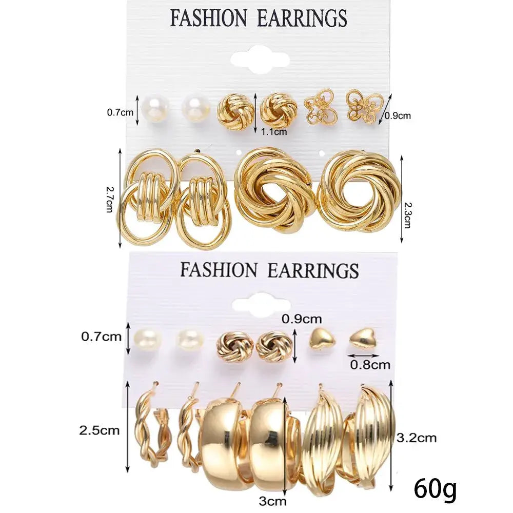 11-pair gold-tone zinc alloy faux pearl rotating geometric earrings set for women