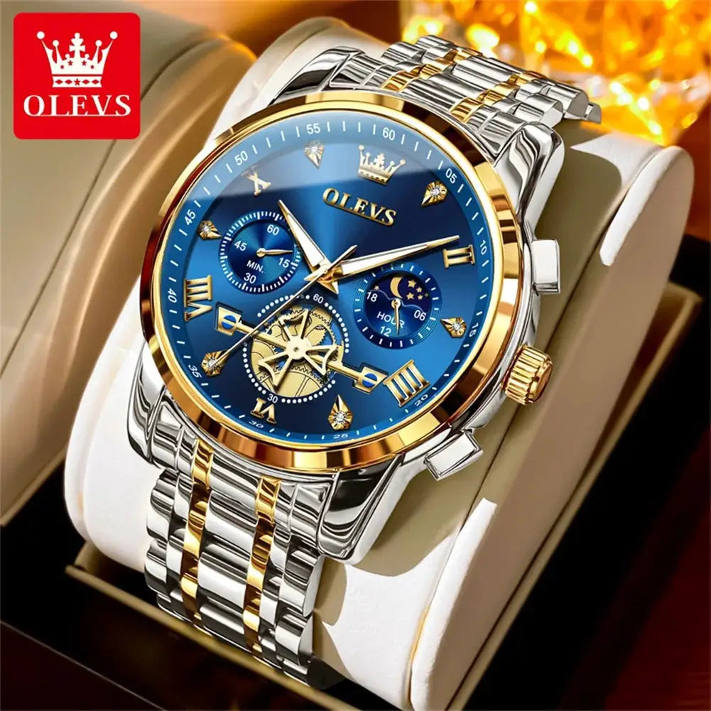 OLEVS men's luxury watch with blue dial, gold-silver two-tone bracelet, Roman numerals, moon phase, flywheel design