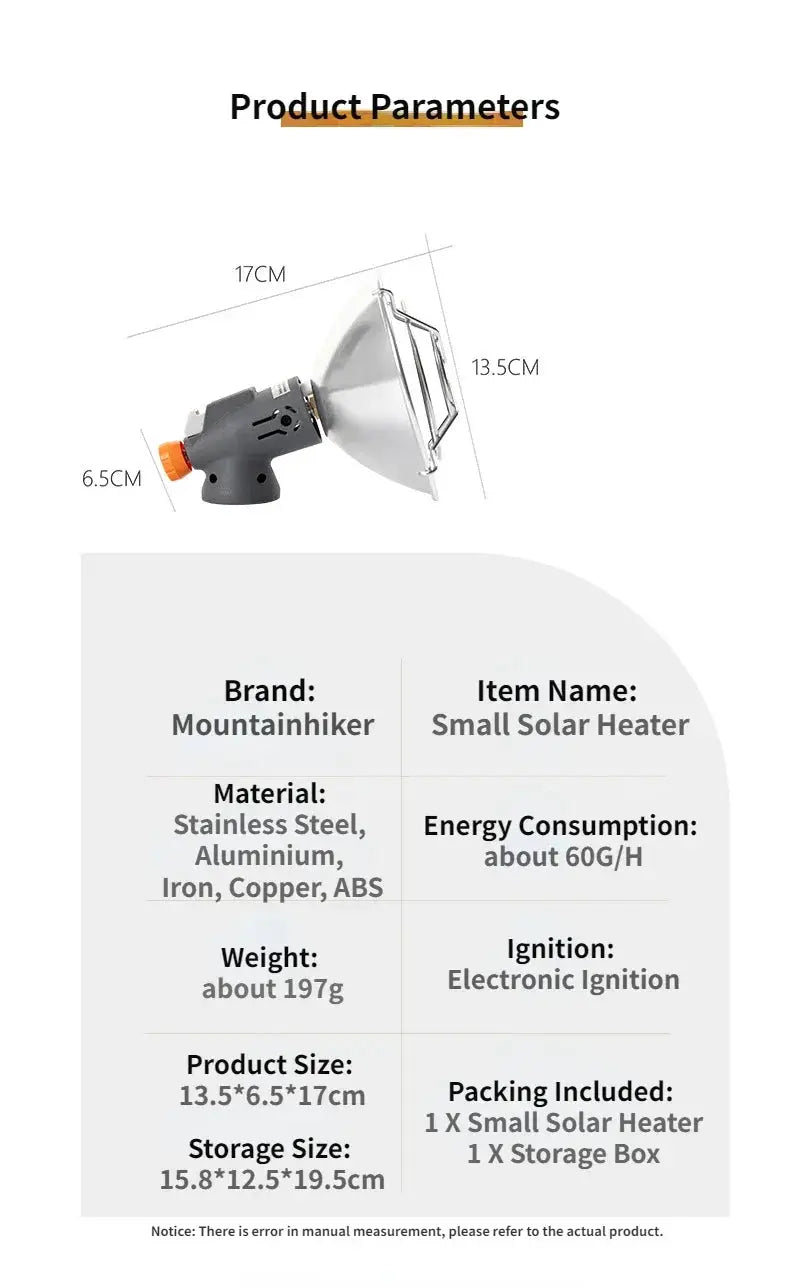 Mountainhiker portable mini solar heater stove; gray body with orange knob, compact 13.5×6.5×17cm