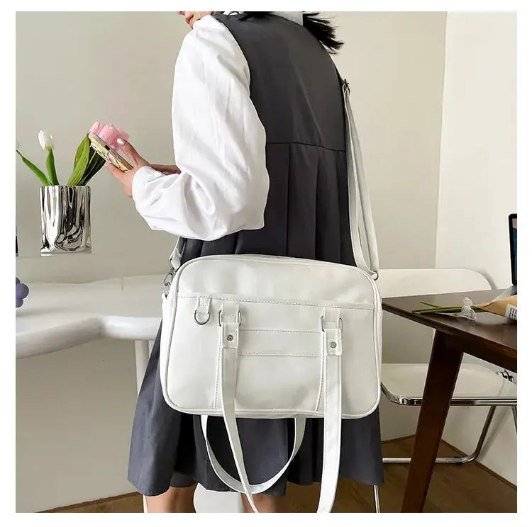 Japanese Style JK bag by Simples Market, white PU leather shoulder bag with dual front straps and a crossbody strap