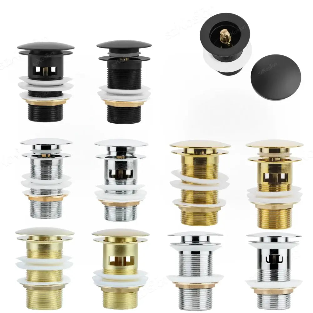 12-pack pop-up drain stoppers for bathroom sinks in black, silver, gold, and brass finishes