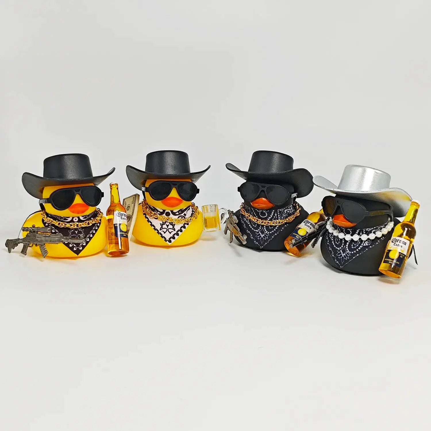 Cowboy rubber duck car ornaments set of 5 wearing black hats, sunglasses, bandanas, and gold chains.