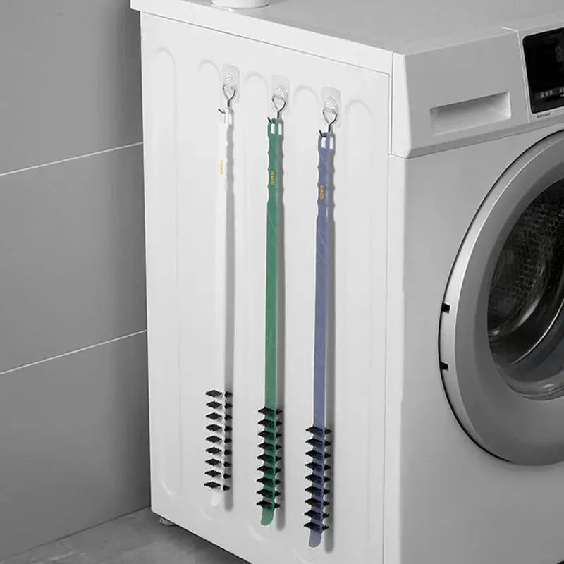 Deep Cleaning Brush Set for Washing Machines by Simples Market with extra-long handles and sponge bristles; set of 3 in white, green, and blue.
