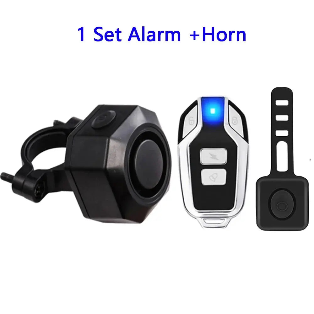 3-piece Hollarm wireless bike alarm kit with horn, remote and strap; blue LED indicator