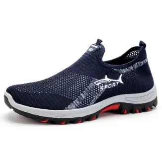 Men's navy mesh sport sneakers with breathable knit upper, slip-on style, and red-tread outsole