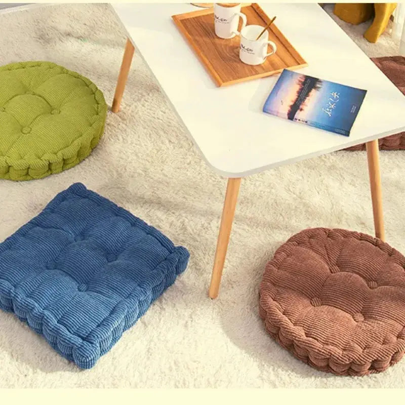 Tufted chair cushions set of three in blue square, green round, brown round, 50x50cm