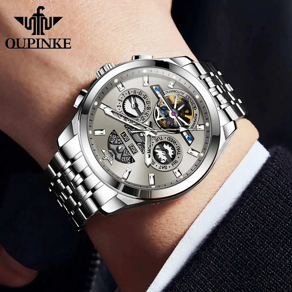 OUPINKE men's skeleton automatic watch with stainless steel bracelet and grey dial