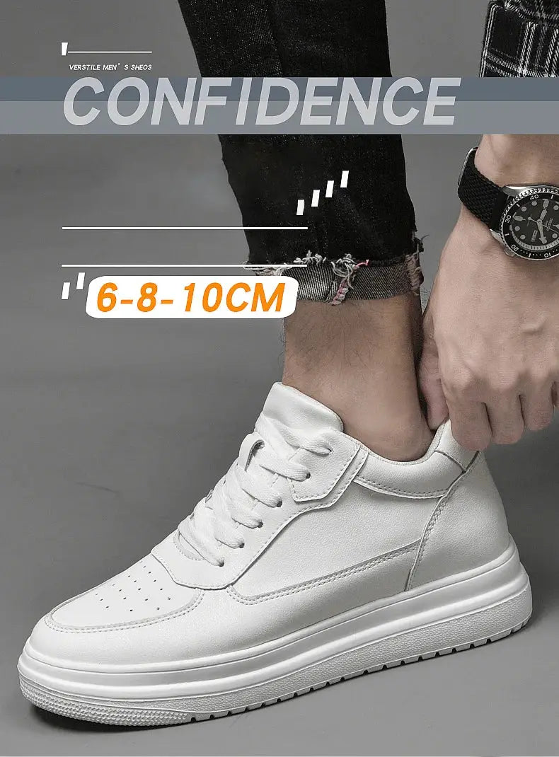 Men's white leather elevator sneakers with lace-up design and thick platform sole, height 6–10 cm