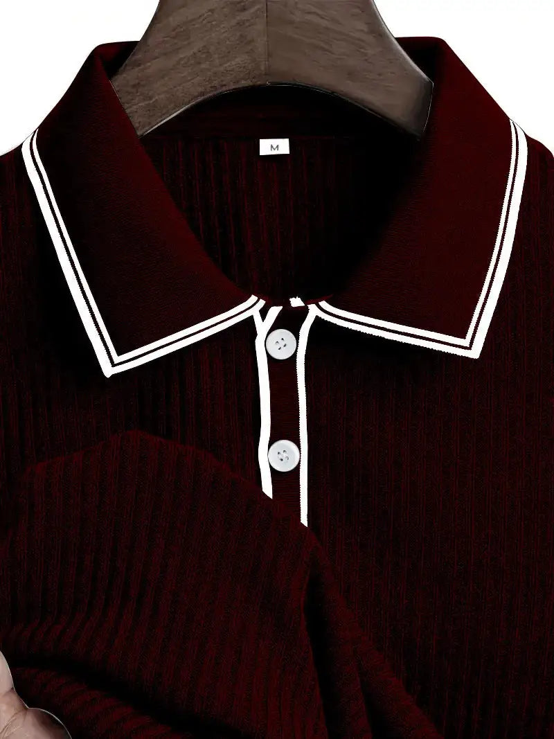 Men's polo shirt burgundy with white piping, short sleeves and button placket