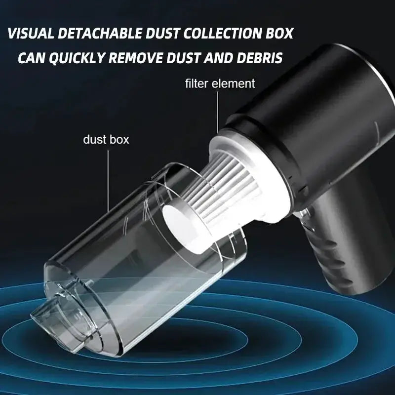 Simples Market portable wireless car vacuum cleaner, black handheld with transparent dust canister, 120W.