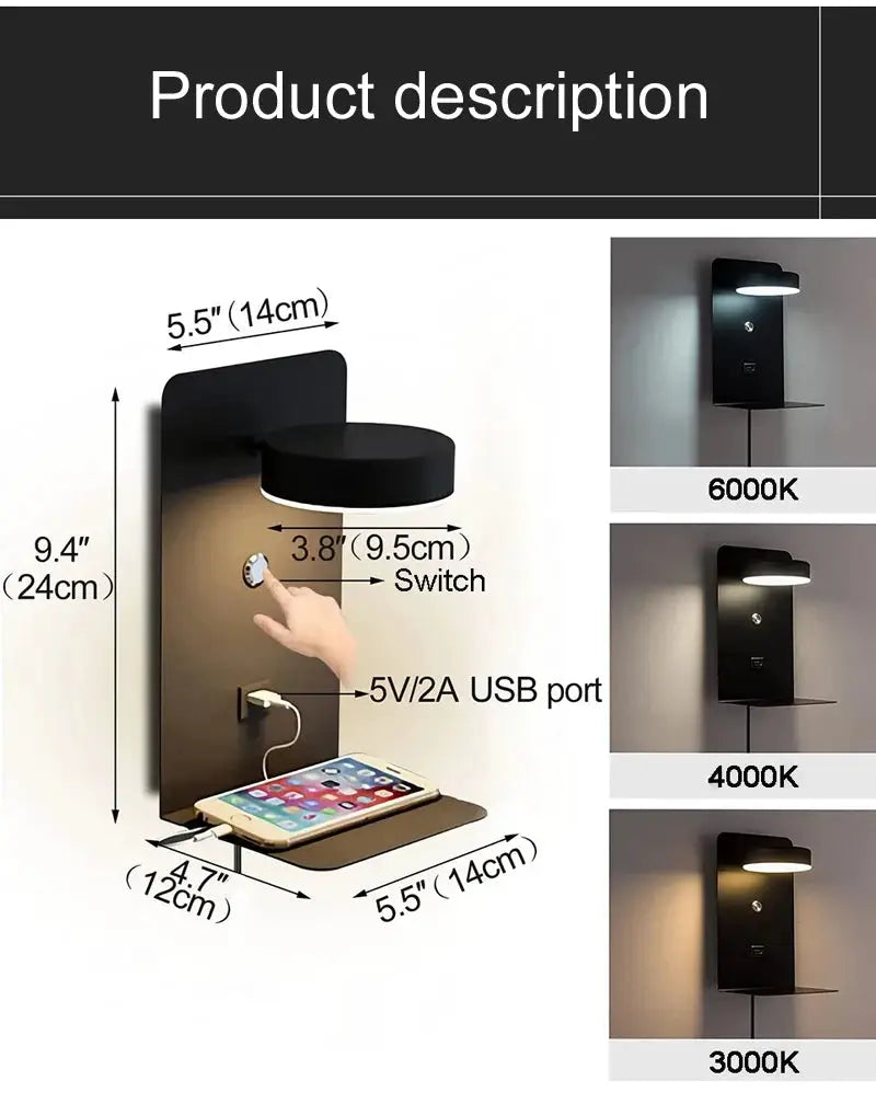 Bedroom LED wall lamp with USB charger; Simples Market black modern wall sconce with shelf and switch