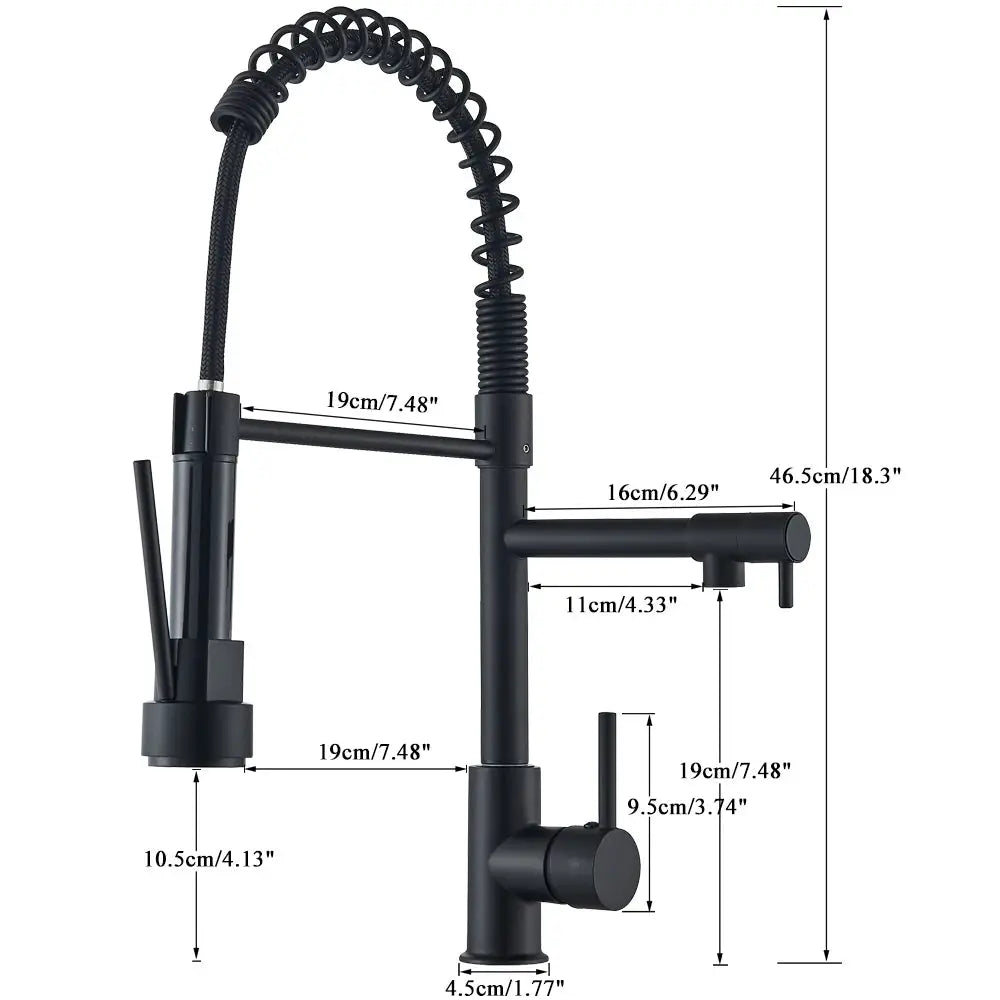 Rozin black pull-down kitchen faucet with spring-coil spray head, dual spout, deck mounted, hot & cold