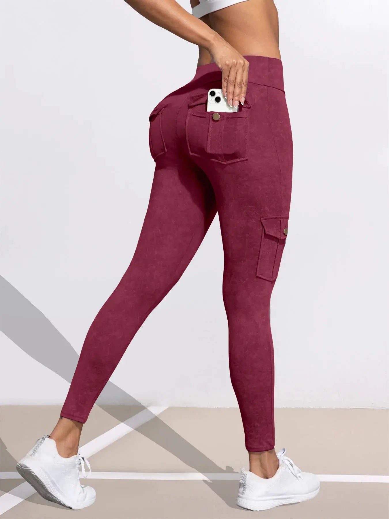 Leggings for women in burgundy washed-print with back pocket and cargo pocket by Simples Market