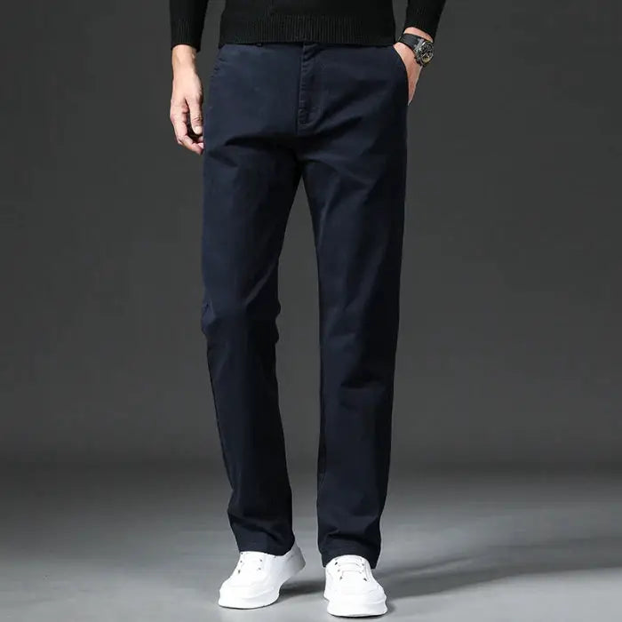 Simples Market men's navy straight-fit cotton-stretch chinos for casual/workwear.