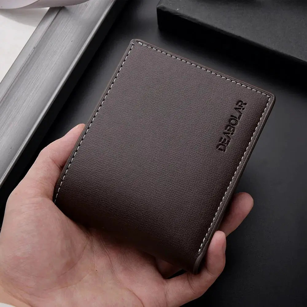 PU leather men's short wallet by Simples Market; brown slim folding card holder