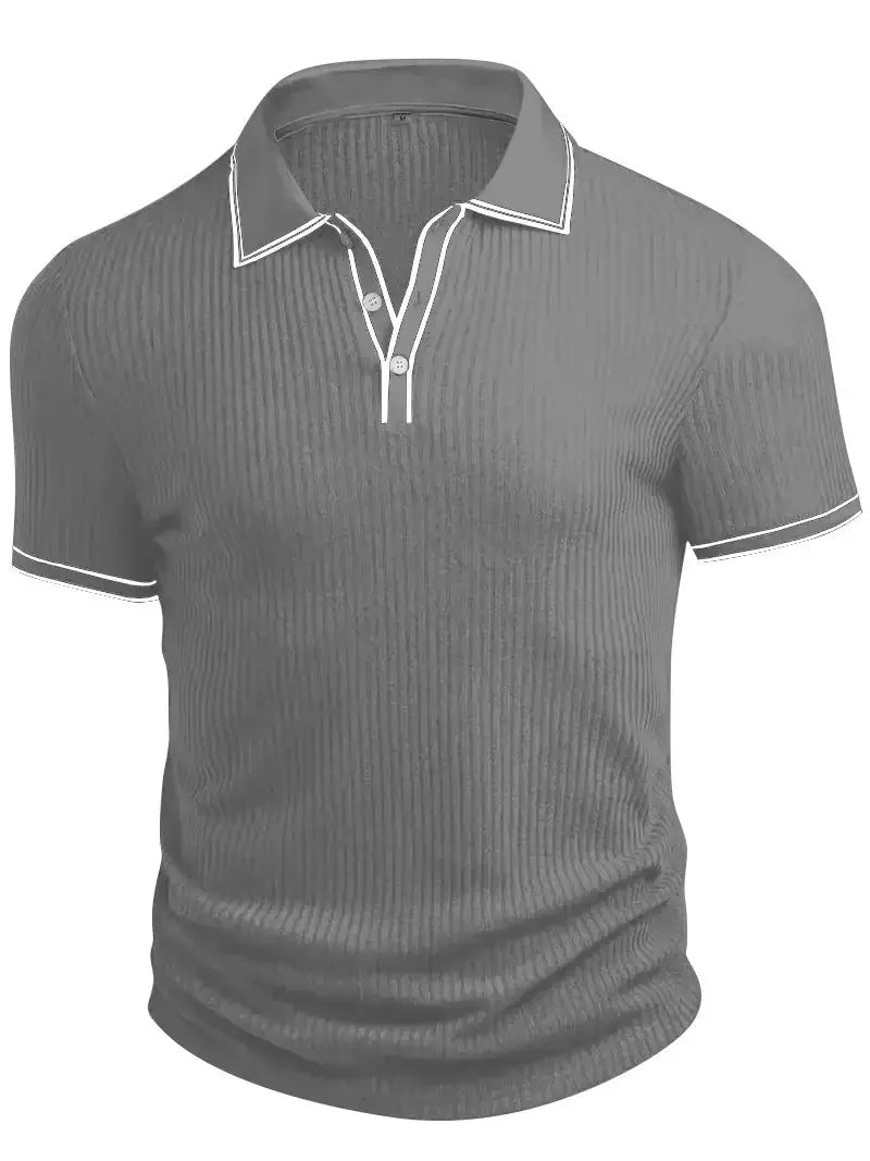 Men's polo shirt by Simples Market, short sleeves, solid gray with white piping on collar and cuffs.