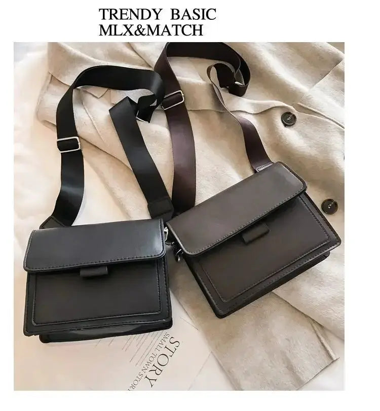 Simples Market PU leather crossbody bags, two black flap-front handbags with adjustable straps.