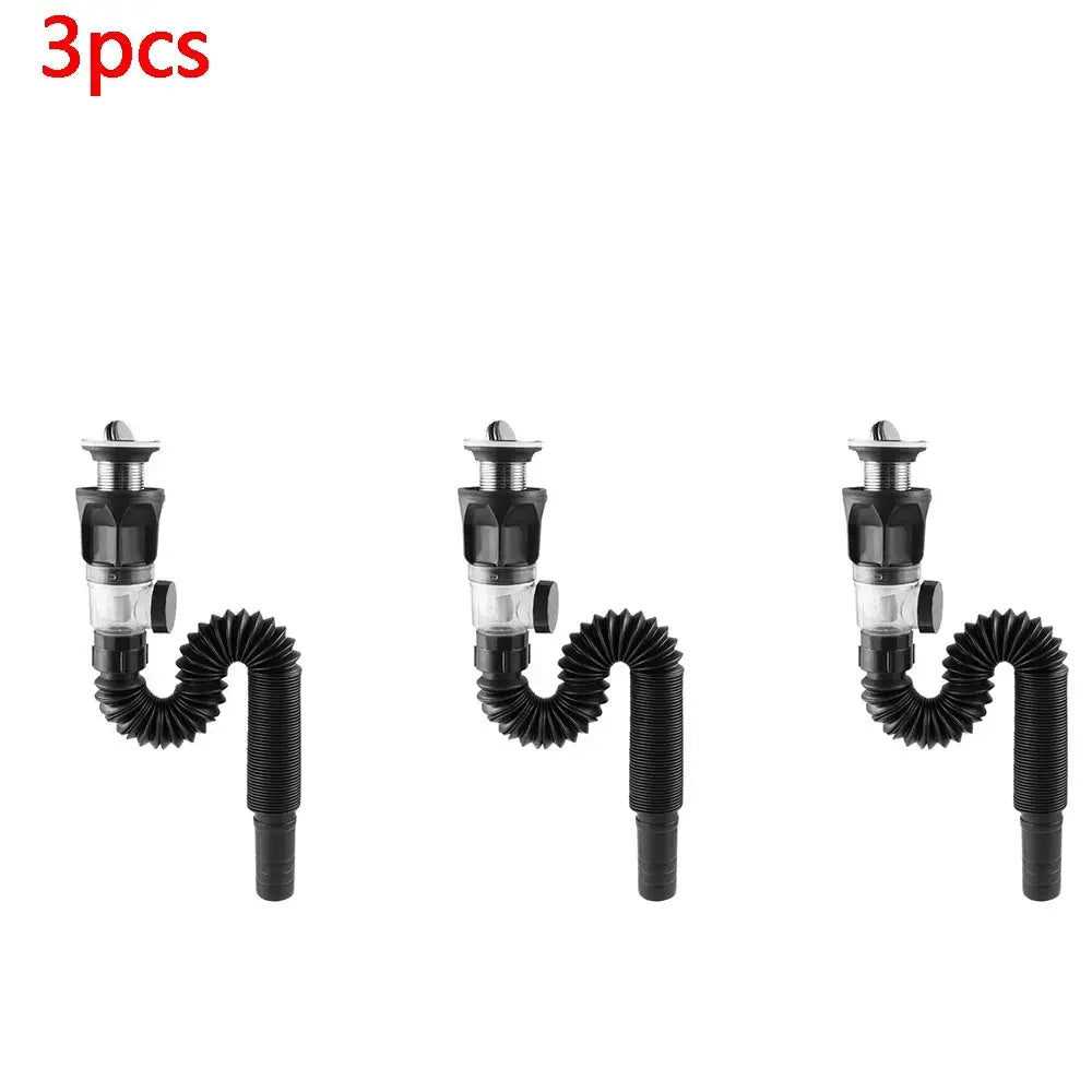 Washbasin drain assembly, universal flip, stainless steel with black flexible hose, Simples Market, 3pcs.