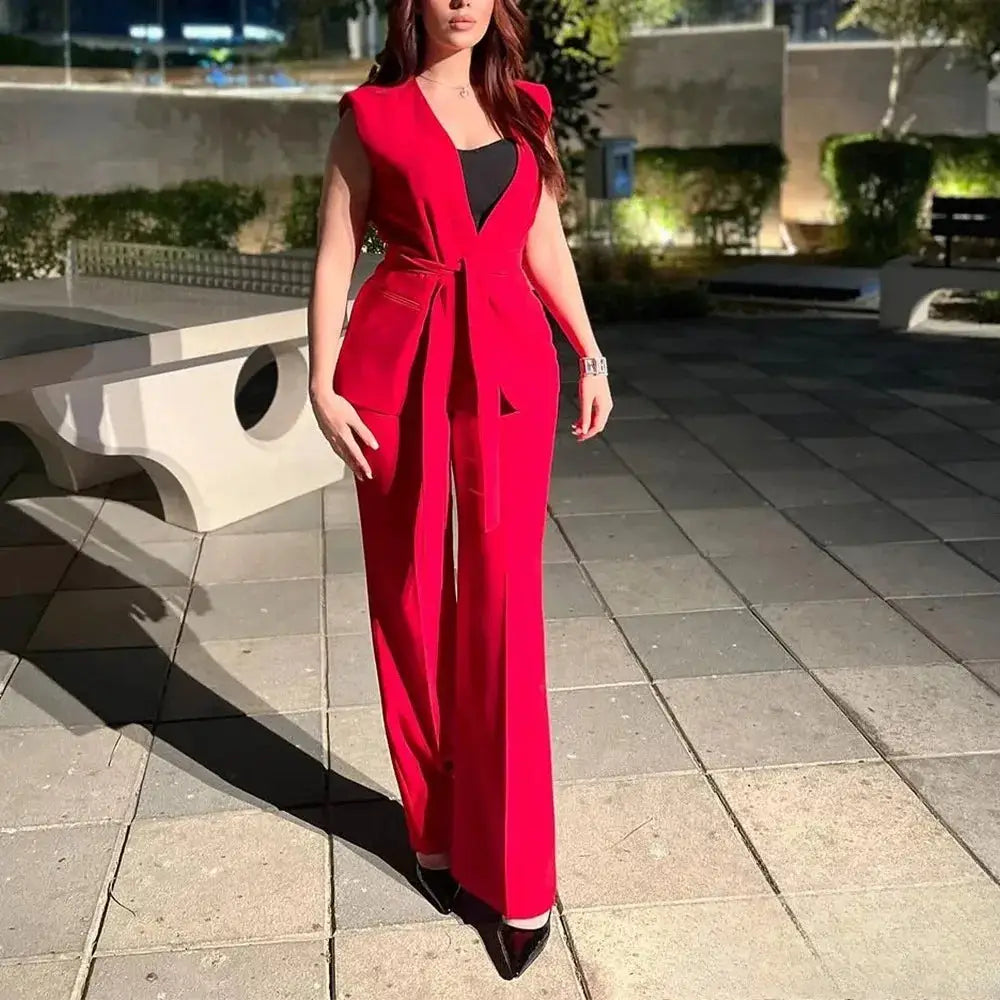 KONDALA red sleeveless vest blazer set with sash belt and wide-leg pants, Simples Market