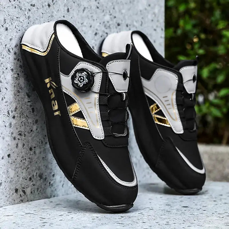 Men's lightweight running shoes by Simples Market; black with white panels and gold accents, non-slip breathable pair