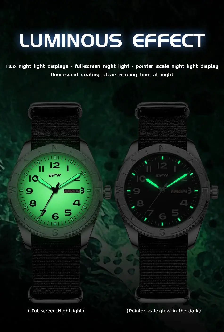 Simples Market TPW 40mm field watch with fabric strap; luminous dials, two watches shown.