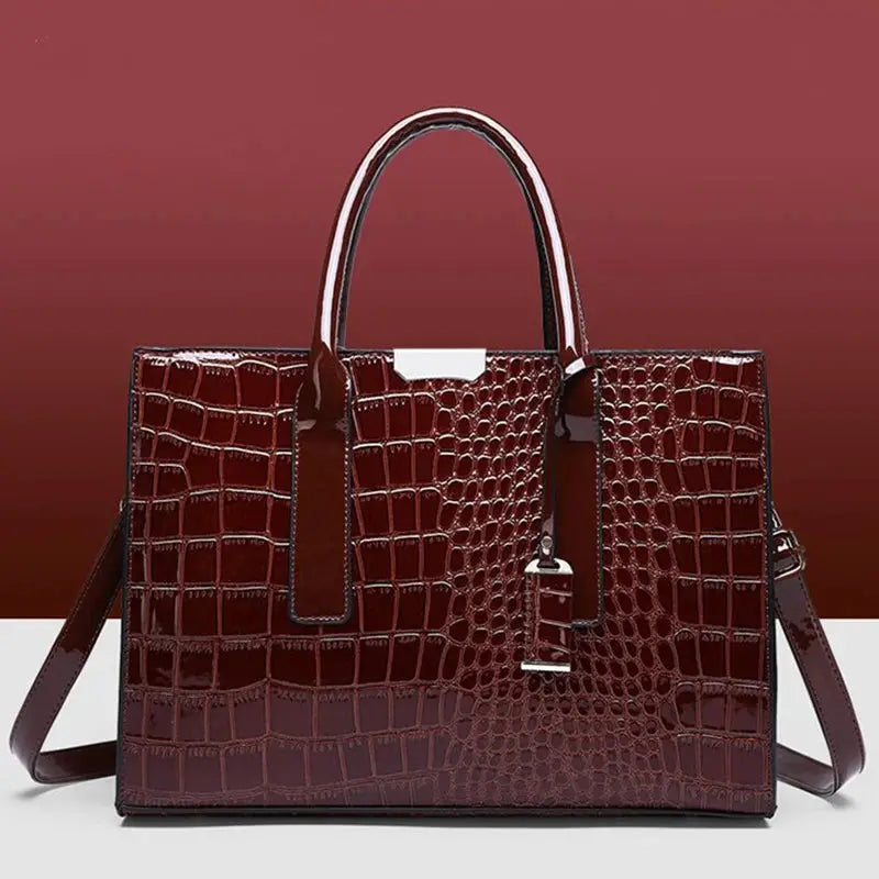 Luxury crocodile-pattern handbag in burgundy PU leather with large-capacity, top handles and detachable crossbody strap