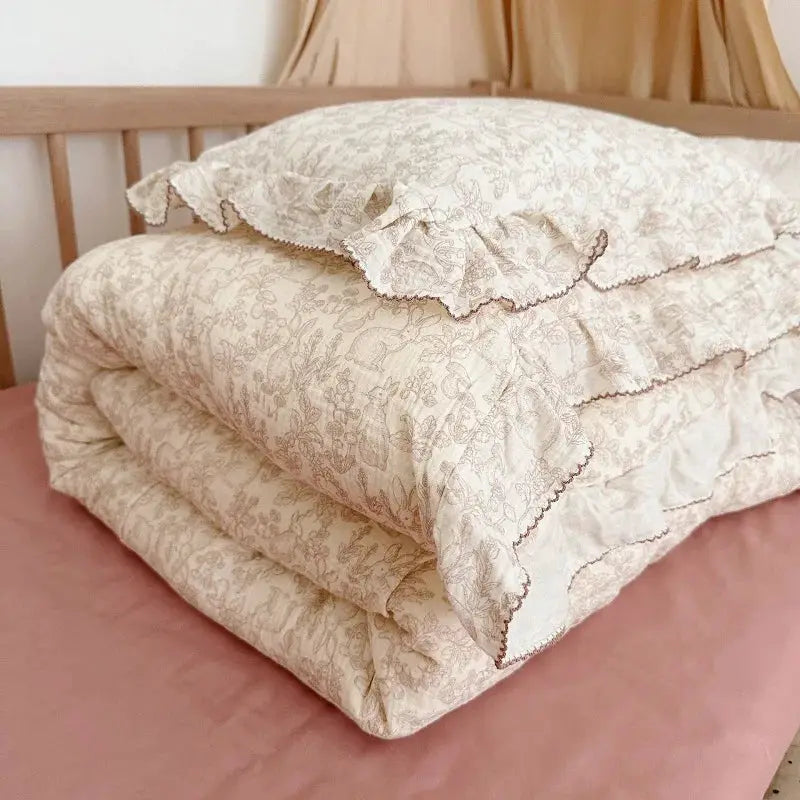INS Princess floral ruffle-edge gauze bedding set, 3-piece cream 100% cotton Simples Market