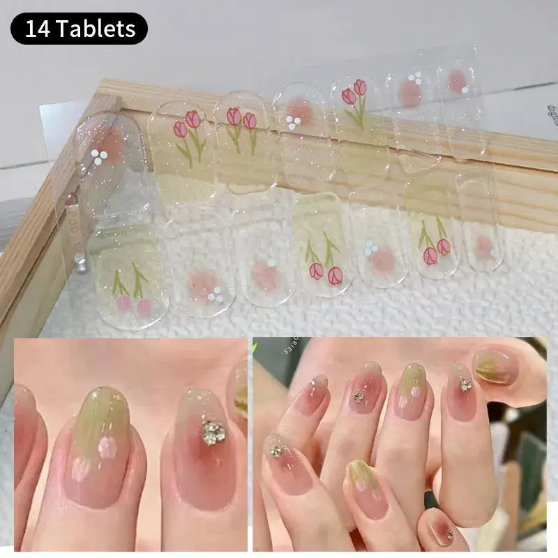 Full-cover nail sticker sheet with clear tulip floral decals and rhinestones for manicure.
