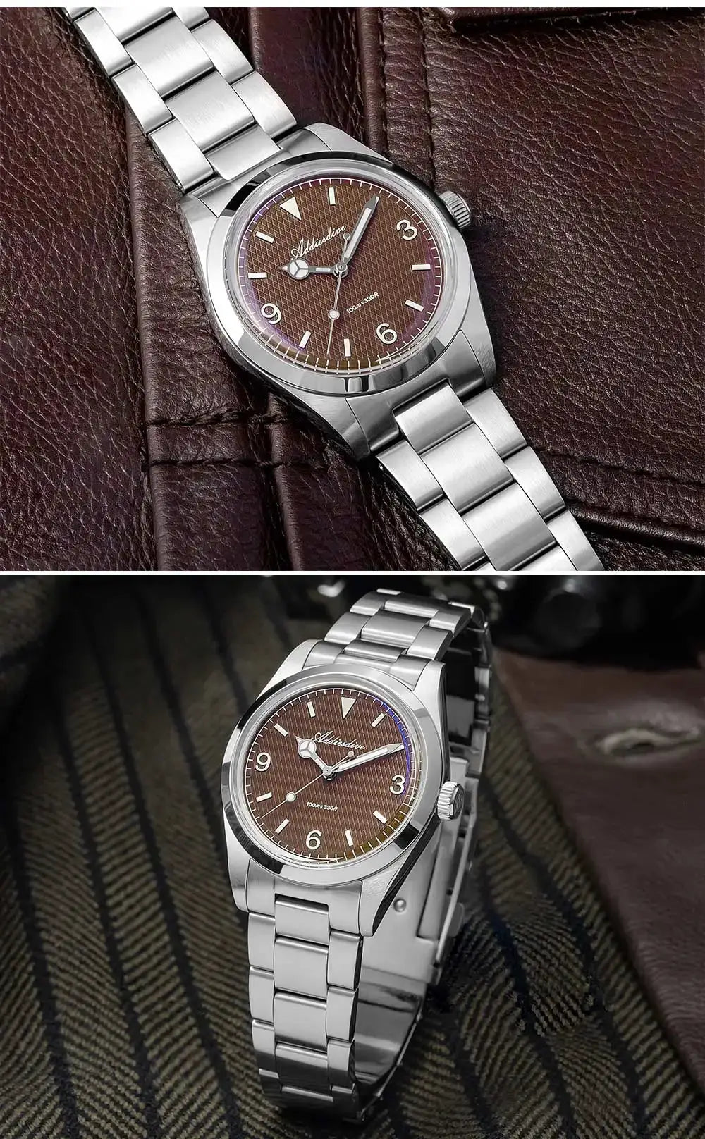 Addiesdive analog men's watch with stainless steel bracelet, brown textured dial, 100m water resistant.