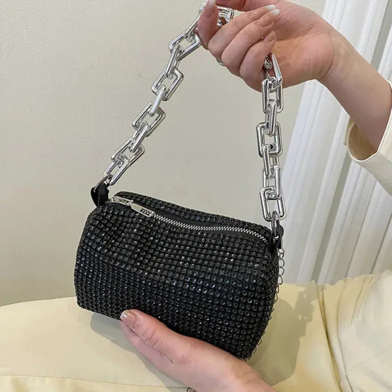 Allover Rhinestone Bucket Bag With Glitter Chain Prom Purse, Women's Mini Crossbody Bag