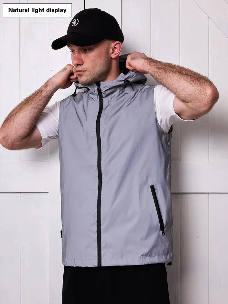 Night reflective vest for men, light gray hooded with front zipper and zip pockets.
