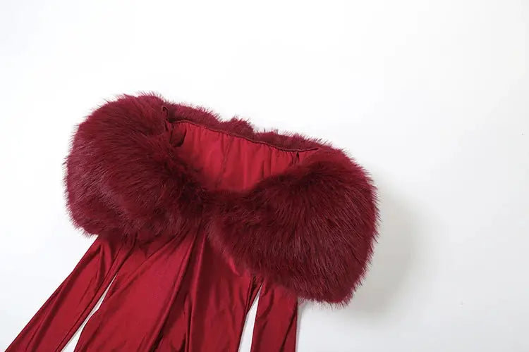 Sisterlinda red jumpsuit with oversized faux fur collar