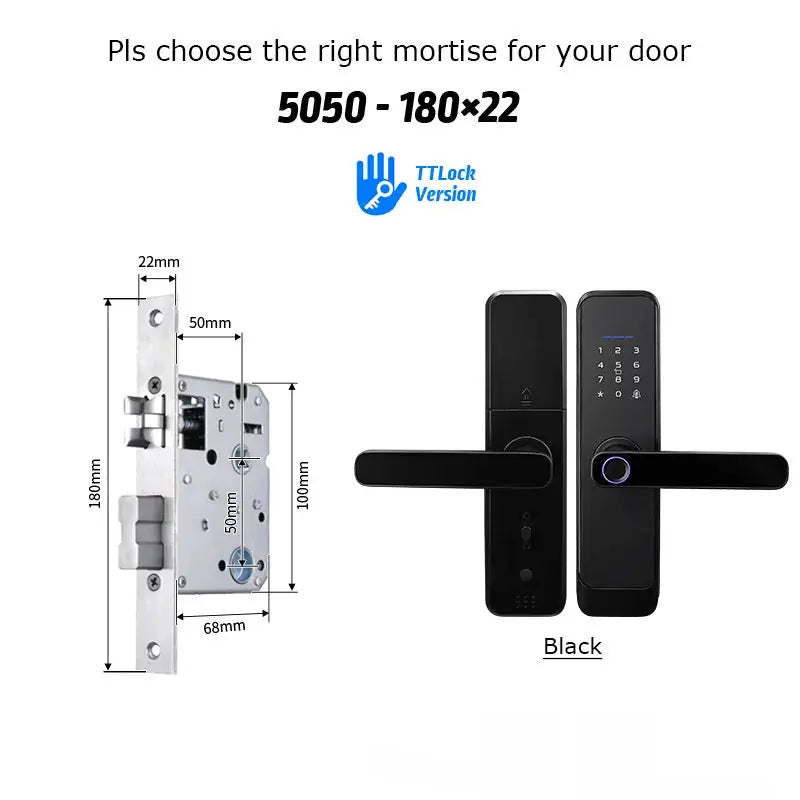 Two-piece fingerprint smart door lock set with metal mortise and black TTLock keypad by Simples Market