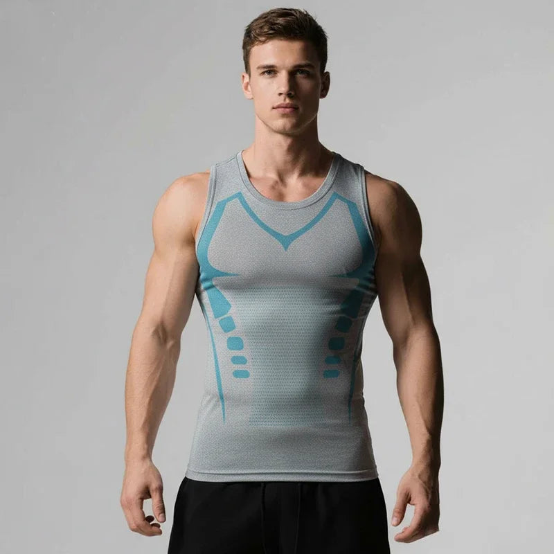 Men's sports compression vest by Simples Market in grey with turquoise panels
