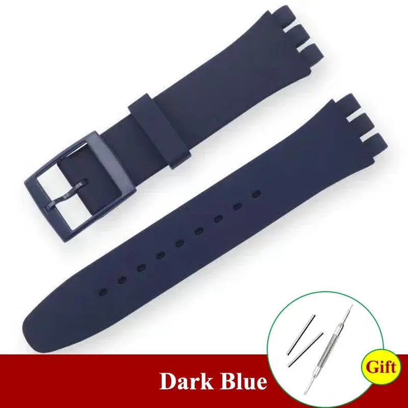 Dark blue silicone Swatch watch strap, two-piece replacement band for 16–20mm, with buckle