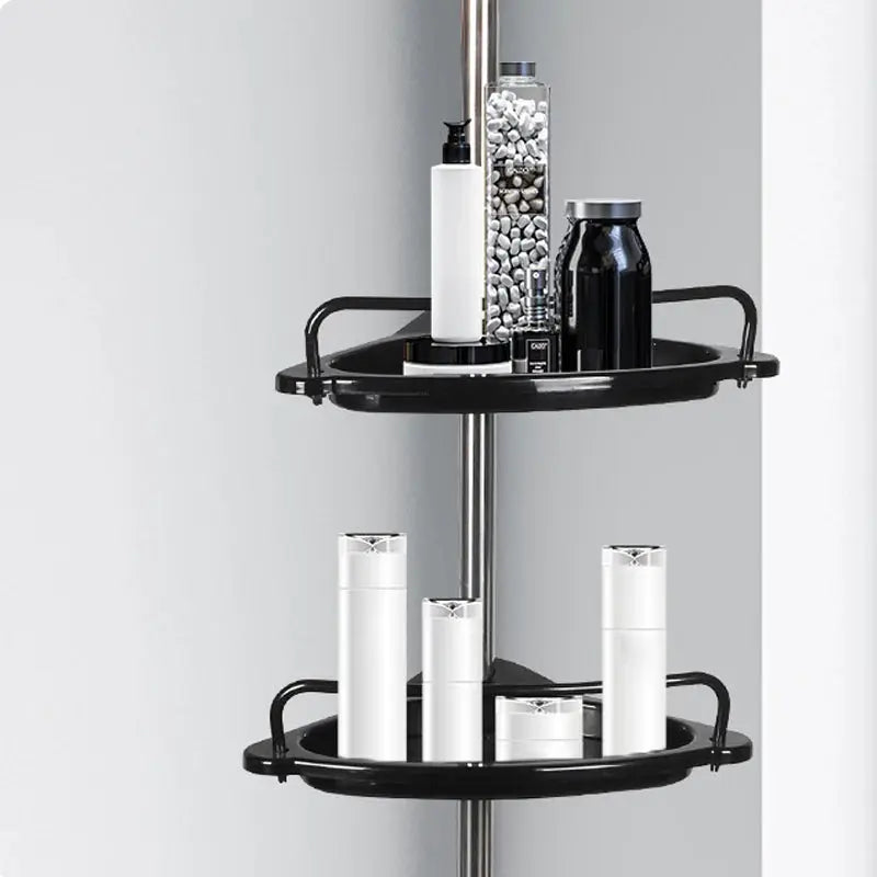 Stainless steel telescopic 4-tier corner bathroom shower organizer with black circular shelves