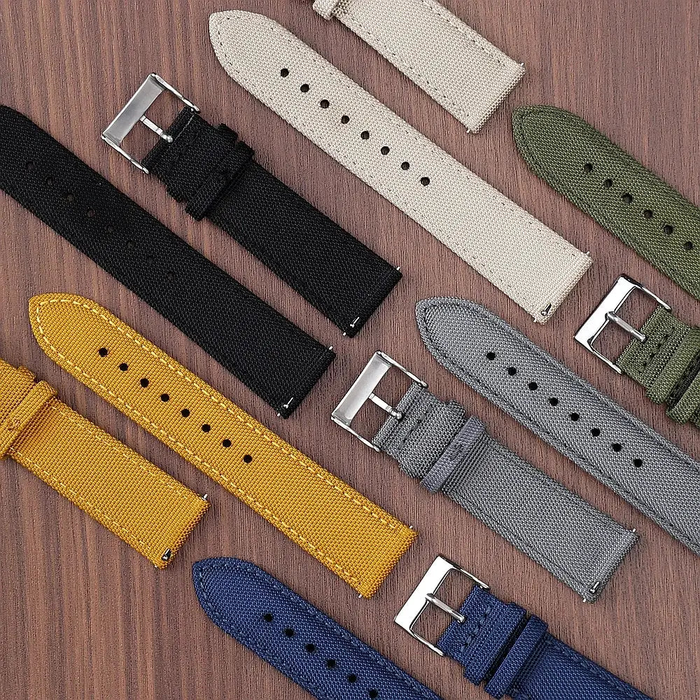 Waterproof sailcloth watch strap set: nine two-sided nylon bands in assorted colors with quick-release pins