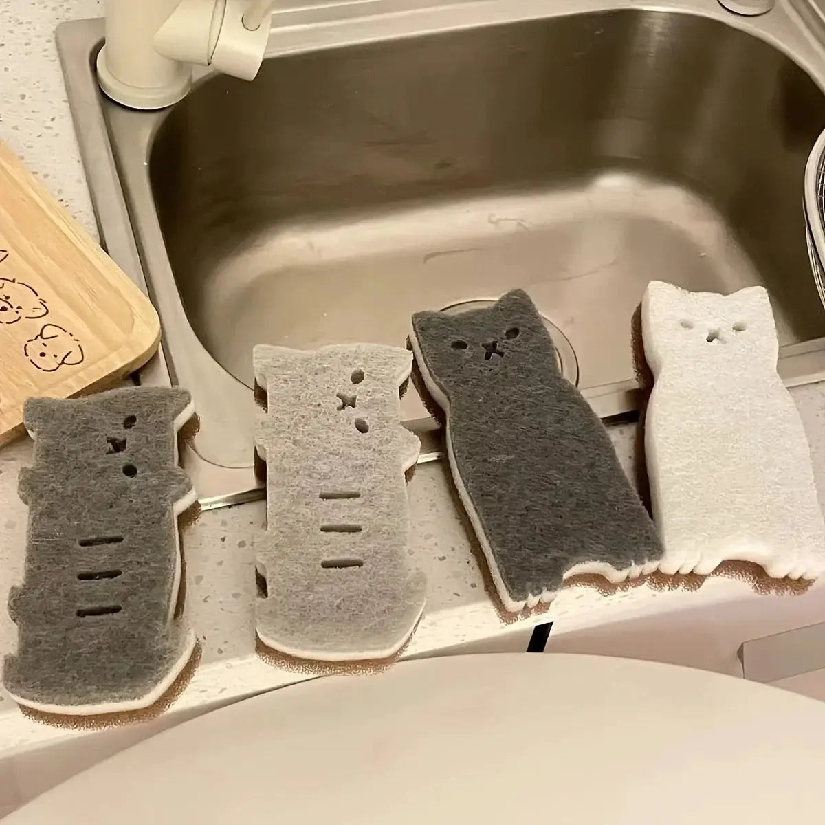 PurrfectEase 4 Piece Thick Durable Cat Shaped Kitchen Sponge Set For Tough Dishwashing And Mess Free Cleaning