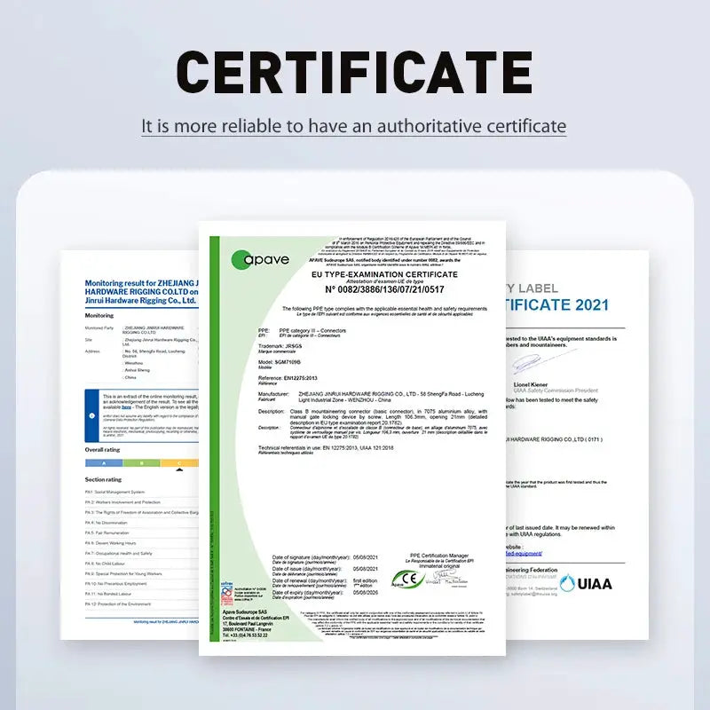 Climbing carabiner certificate display; APAVE and UIAA certification documents