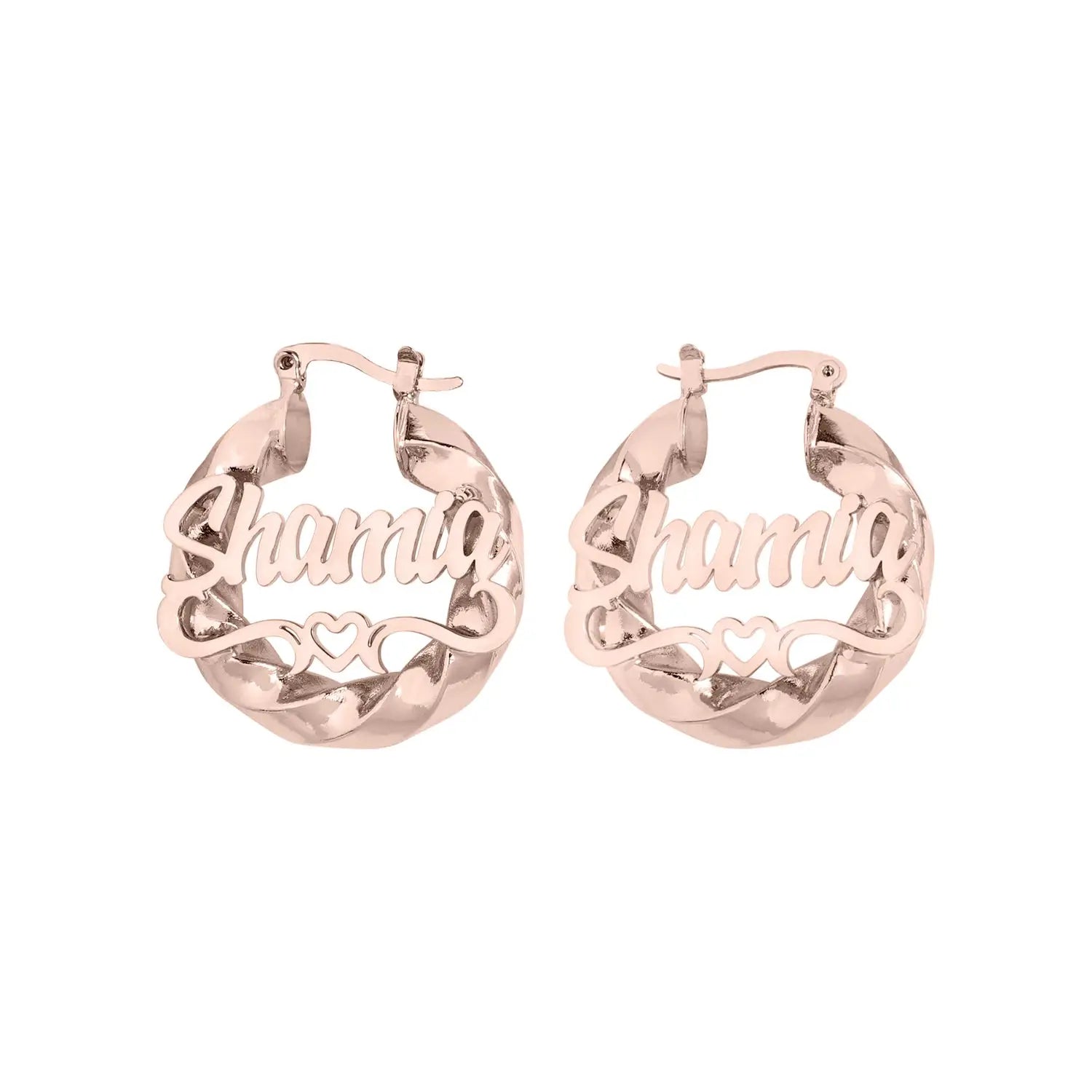 Custom name hoop earrings in rose gold with Shamia script and heart detail