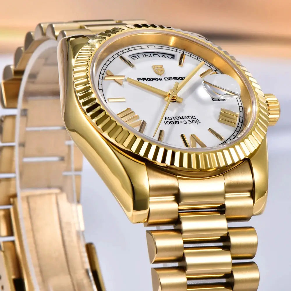 PAGANI DESIGN gold-tone automatic men's wristwatch with white dial and AR sapphire glass
