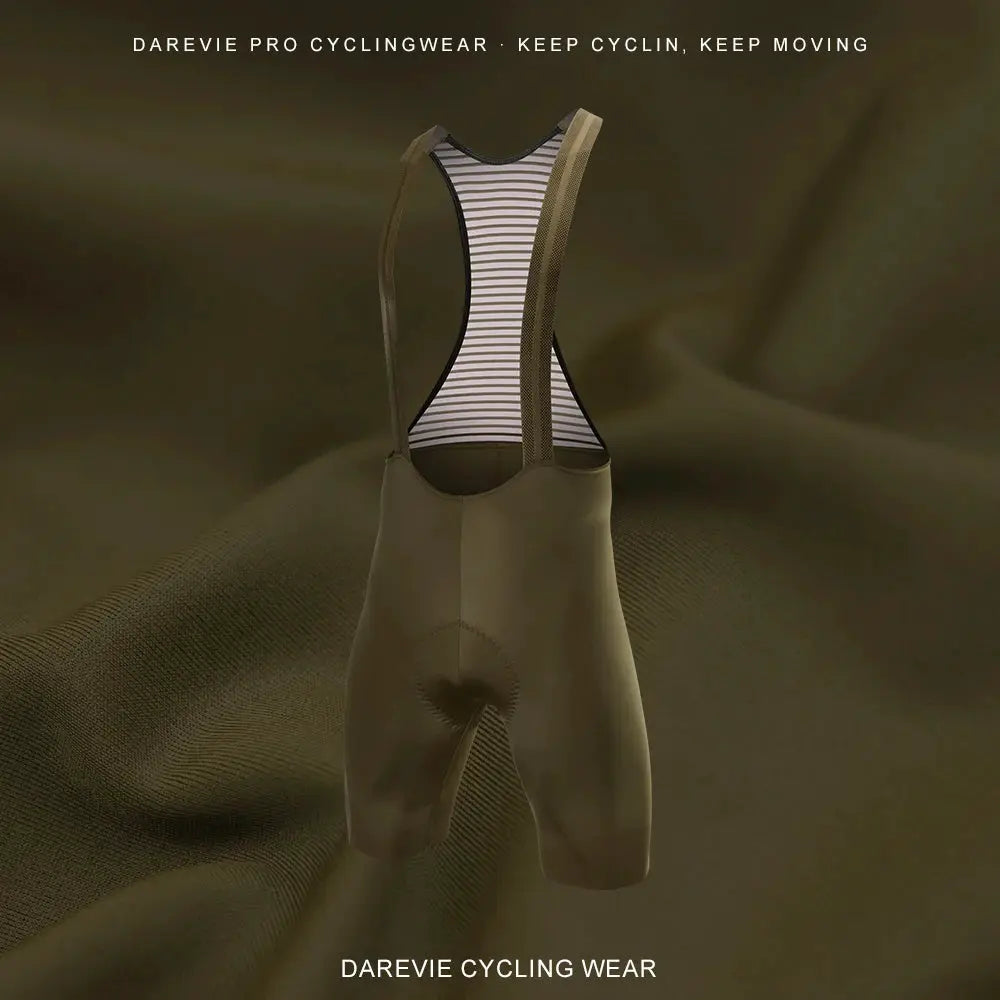 DAREVIE men's cycling bib shorts, olive-brown with striped back panel and suspenders