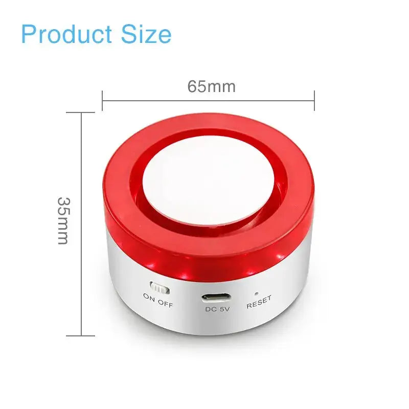 Simples Market Tuya Smart WiFi security alarm siren with red ring on white base, 65mm diameter, 35mm tall