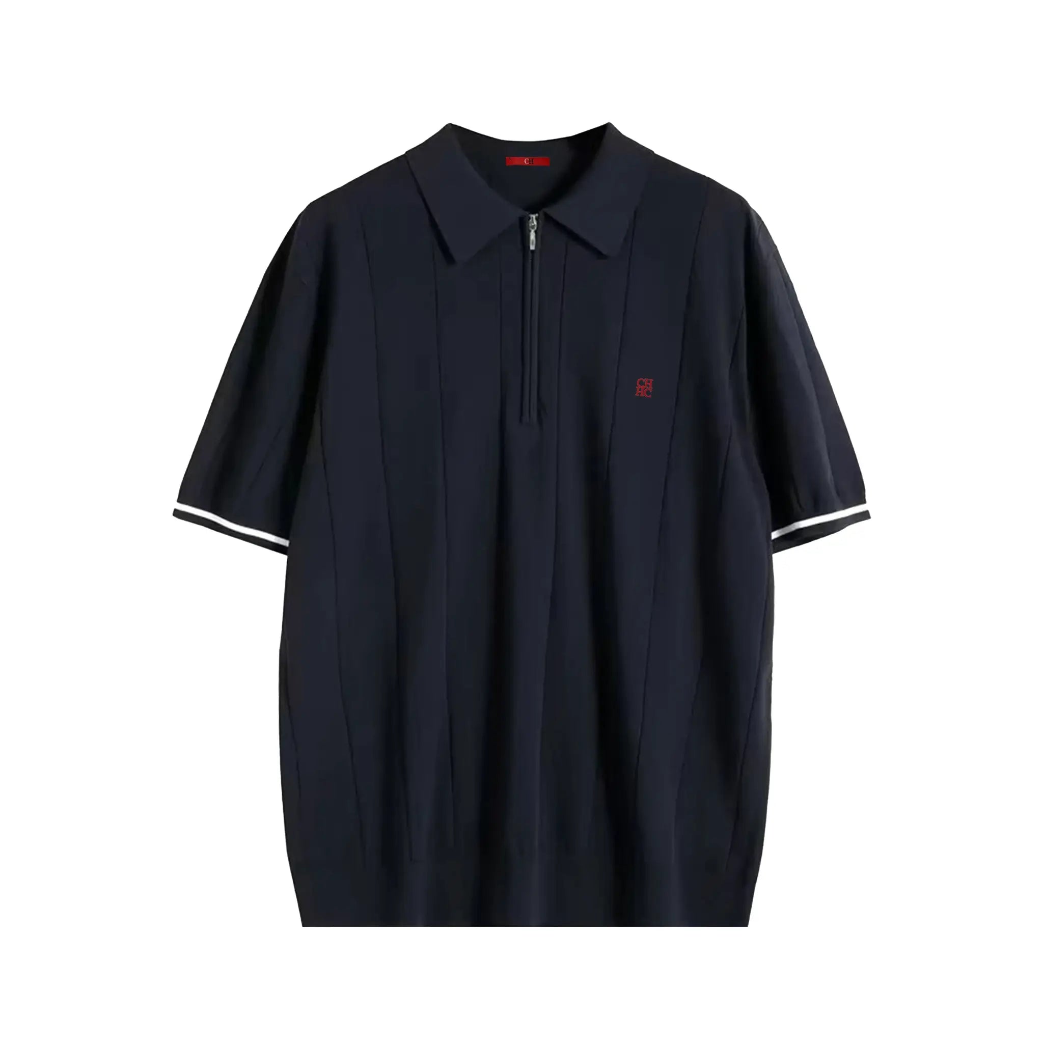 CH Men navy vertical striped knit polo shirt with half-zip, lapel collar, short sleeves, red CH embroidery.